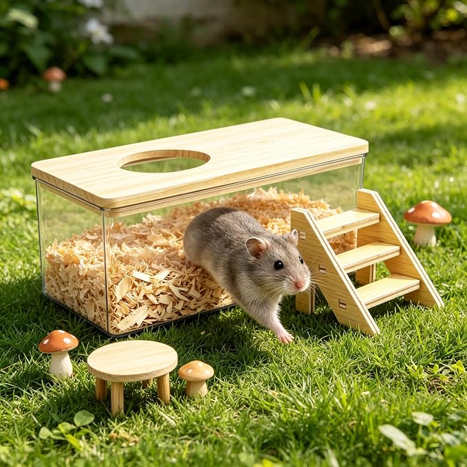 Hamster Sand Bath Box with Wood Cover and Ladder - Rectangle Clear Digging Container - Multifunctional Bathroom for Small Animals for Home and offic