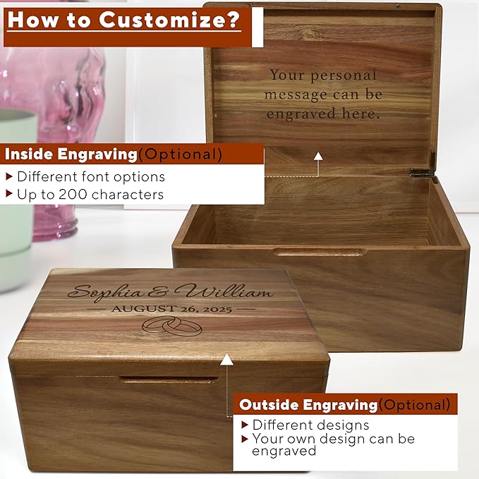Personalized Wedding Keepsake Box Large - Acacia Wood Relationship Memory Box for Couples Keepsake, Custom Bridal Shower Gift, Engagement Gift Couple Wooden Gift Time Capsule, 11.5x8.5x5.5 in