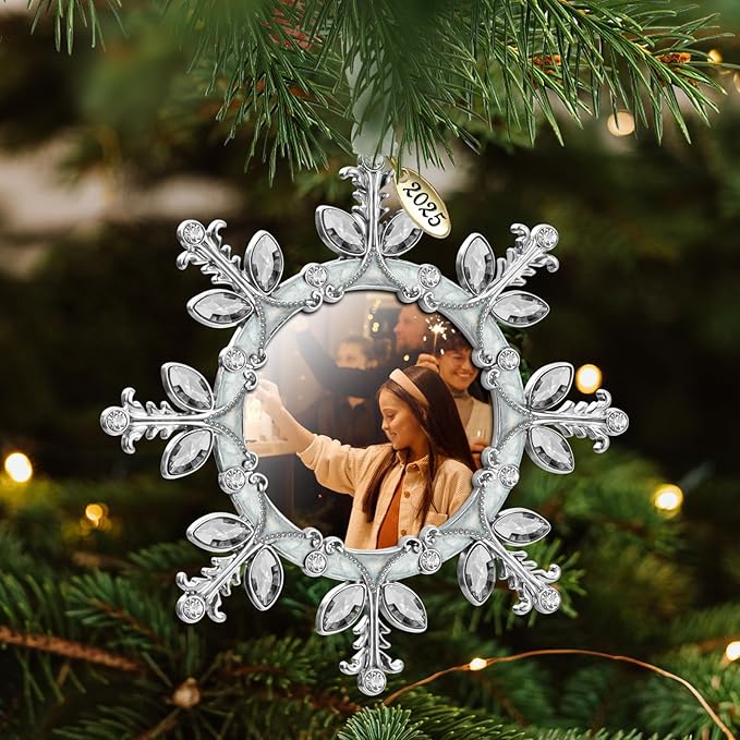 2025 Christmas Tree Ornament Snowflake Picture Frame Metal Hanging Pendant Holiday 2" Photo Frame Charm Decorative of Pets, Baby First Christmas, Family (White，2025)
