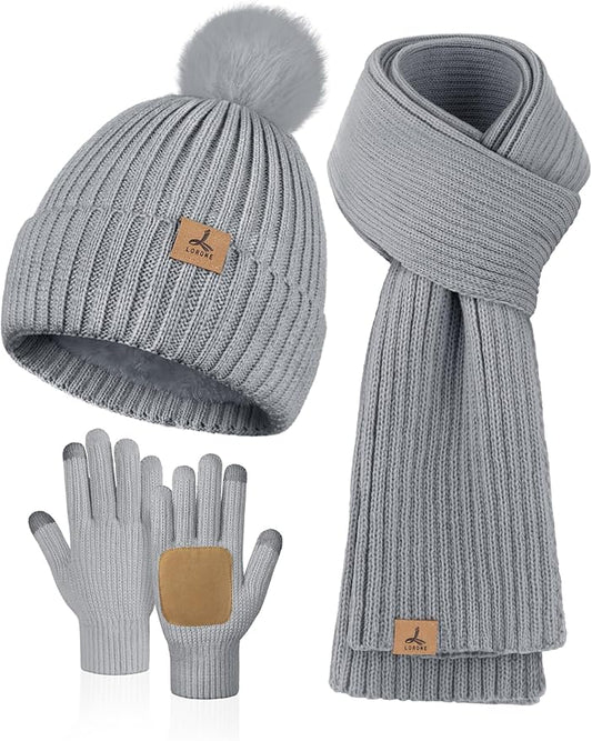 LOROME Women Winter Beanie Hat Scarf Gloves Set, Fleece Knitted Pompom Hat Warm Neck Scarf Touchscreen Gloves Winter Gift