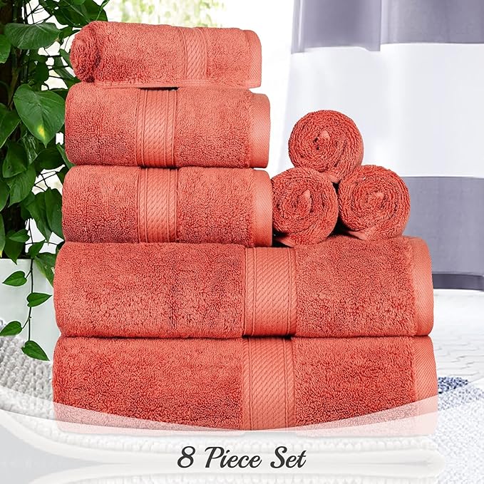 BLUENILEMILLS Madison Egyptian Cotton Towels, Towel Set for Bathroom, Shower, Hotel, Plush, 900 GSM, Highly Absorbent and Ultra-Soft Towels, Bath Essentials, 8 Piece Assorted Towel Set, Coral