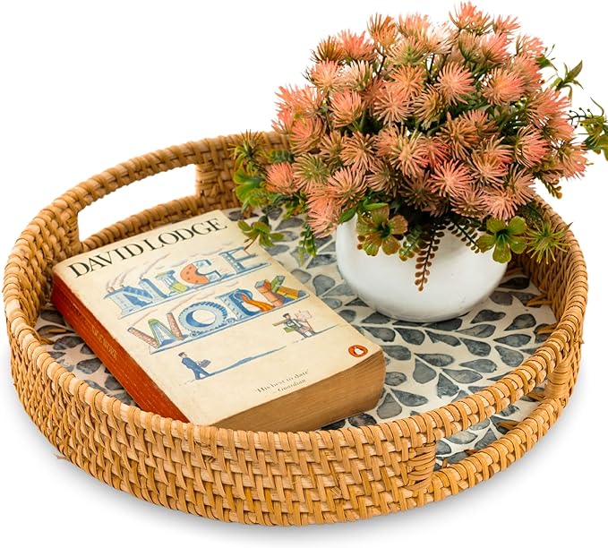 KOLWOVEN Round Rattan Tray with Handle, Rattan Serving Tray with Mother of Pearl Inlay Wooden Base (White- Black Leaves)