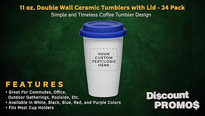 Personalized 11 oz. Double Wall Ceramic Tumblers with Lid - 24 Pack - Custom Text, Logo - Blue