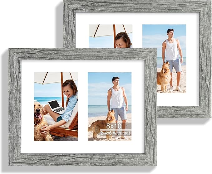 8x10 Picture Frame Set of 2, Grey Wood Frame with Glass Collage Frame, Display Pictures Two 4x6 With Mat or 8 x 10 Without Mat - Horizontal or Vertical Wall Mounting