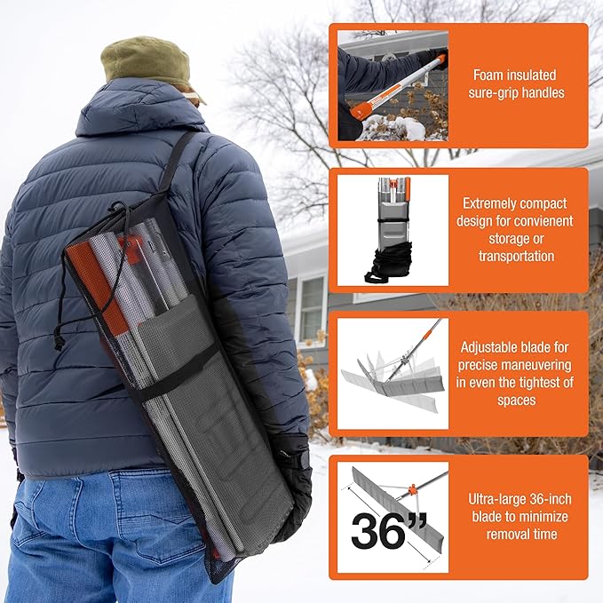 Snow Roof Rake w 16ft Pole, Easy Snow Removal from Roof, Prevents Ice Dams, Quick Assembly, 36 Inches Wide, 21 Foot Reach, Designed in The USA
