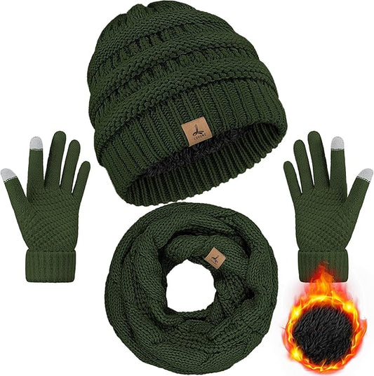 Winter Beanie Hat Scarf Gloves, Warm Fleece Knit Hats Touch Screen Gloves Neck Scarf Set Winter Gifts for Unisex Adult