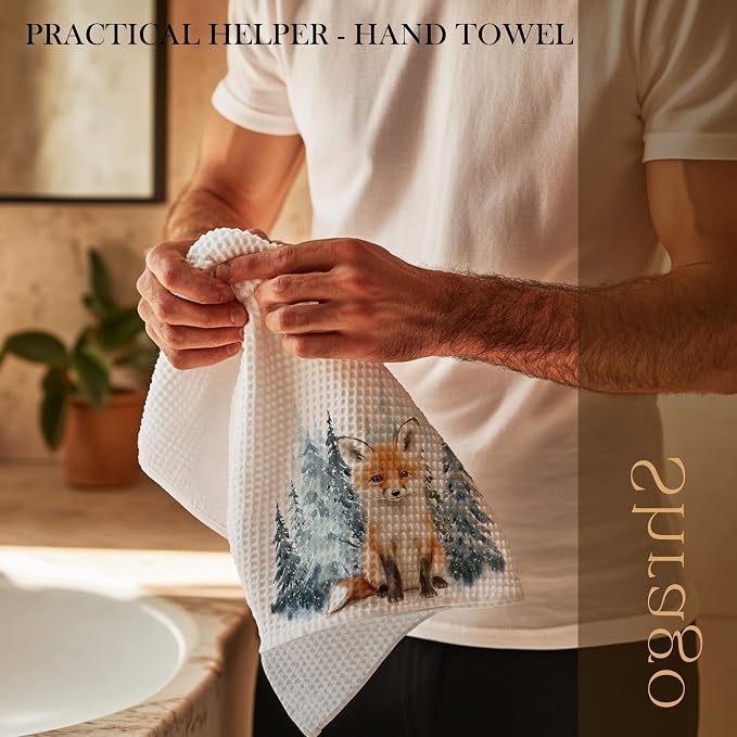 Winter Christmas Fox Kitchen Towels, Fox Gifts, Animal Lover Gifts Dish Tea Towels for Kitchen, Winter Pine Tree Forest Decorative Hand Towel for Kids Bathroom Decor, 16x24 Inch