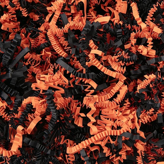 1/2 LB Halloween Crinkle Cut Paper Shred Filler 8 oz Black & Orange Crinkle Shredded Paper for Gift Basket - Gift Box Bag Filler - Grass Cushion Stuffing for Halloween Packaging Wrapping
