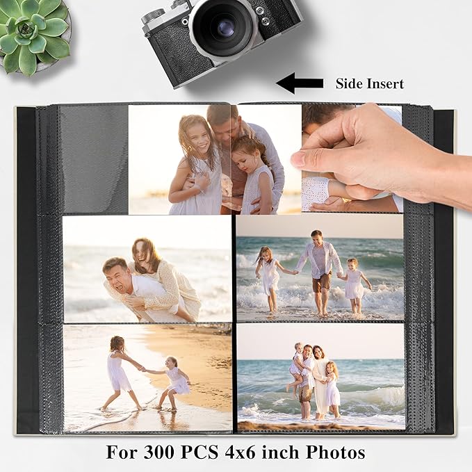 Photo Album Holds 300 Pockets with Linen Cover and Customizable Window, Fits 4x6 Photos, Archival Black Pages, Gray Green
