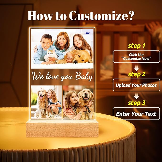 Custom Collage Picture Frames with Photo, Personalized Photo Frame with Night Light, Personalized Picture Frame, Customized Christmas Birthday Gifts for Baby Kids Girls Boys Pet Friends Family