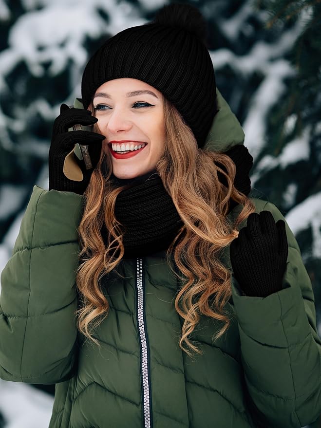 LOROME Women Winter Beanie Hat Scarf Gloves Set, Fleece Knitted Pompom Hat Warm Neck Scarf Touchscreen Gloves Winter Gift