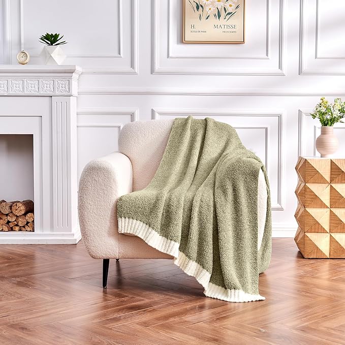 CozeCube Super Soft Fullfy Microfiber Reversible Knitted Blankets, Warm Cozy Fuzzy Plush Throw, Olive Green and White Melange Throw Blanket for Couch Bed Sofa, 60" x 80"