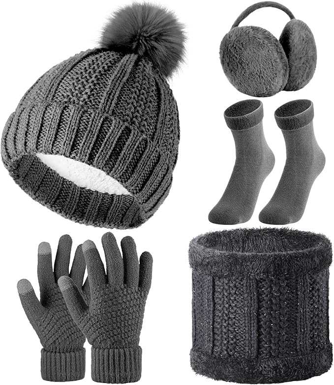SATINIOR 5 Pcs Winter Hat Scarf Gloves Set Fleece Warm Lined Knit Beanie Hat Touch Screen Earmuff Gloves Warmer for Women(Dark Grey,Classic Style)