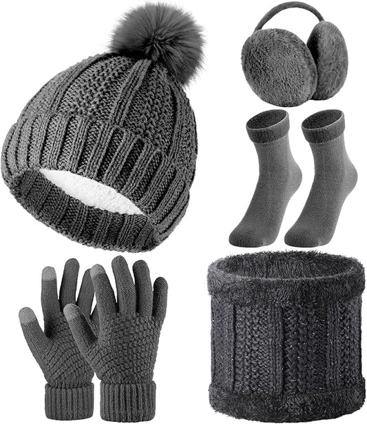 SATINIOR 5 Pcs Winter Hat Scarf Gloves Set Fleece Warm Lined Knit Beanie Hat Touch Screen Earmuff Gloves Warmer for Women(Dark Grey,Classic Style)