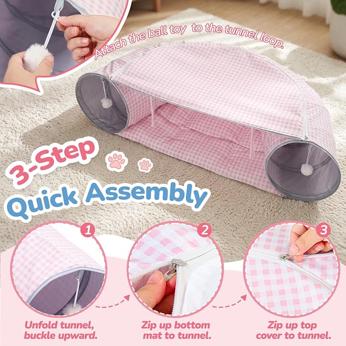 Bunny Tunnel Bed, 2-in-1 Collapsible Rabbit Guinea Pig Hideout, Pink | Removable Mat, Small Animal Tubes, Pet Rest Play Toy Indoor for Cats Kittens Rabbits Bunnies Ferret