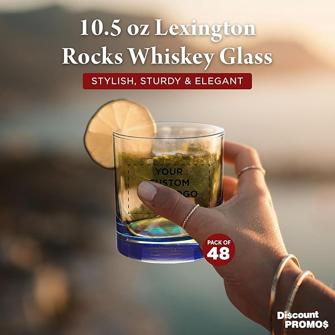 Custom Lexington Rocks Whiskey Glass 10.5 oz, Set of 48, Personalized Bulk Pack - Perfect for Scotch, Bourbon, Whiskey, Cocktail - Blue