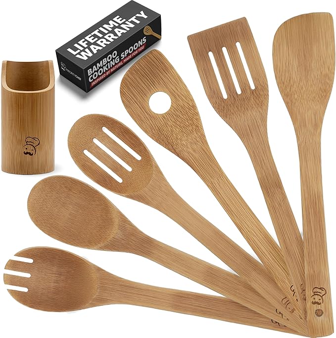 PriorityChef Wooden Spoons for Cooking, 6Pc with Utensil Holder, Non Scratch Bamboo Cooking Utensils, Non-Toxic Wooden Utensil Set, Easy to Clean Kitchen Utensils Set for All Cookware Types