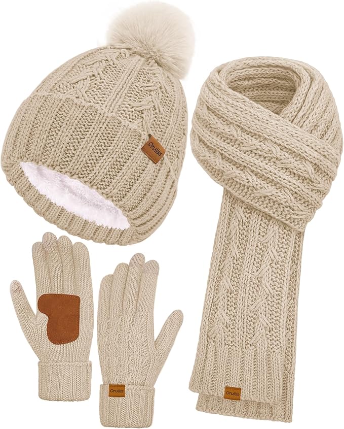 Womens Winter Beanie Hat Scarf Gloves Set, Fleece Lined Knitted Hat with Pompom Long Scarf Touchscreen Mittens for Women Men