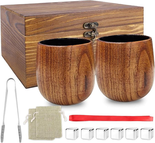 Charred Wooden Bourbon Drinking Glasses Set of 2 – Wooden Whiskey Tumblers & Old Fashioned Glasses | Whisky Glass Sets | Whiskey Gifts for Men, Dad & Birthday, Christmas, Anniversary