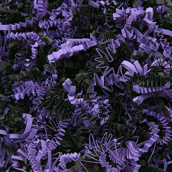 Mefleet 1/2 LB Halloween Crinkle Cut Paper Shred Filler 8 oz Purple & Black Crinkle Shredded Paper for Gift Basket - Gift Box Bag Filler - Grass Cushion Stuffing for Halloween Packaging Wrapping