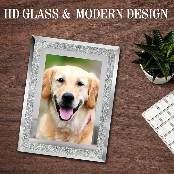 4x6 Picture Frames Silver - Set of 2, Sparkle Real Glass 4 by 6 Photo Frame Mirrored Edge Great Gift, for Tabletop Display, Wedding Birthday Christmas Day Gifts (4 x 6, Glitter Silver)