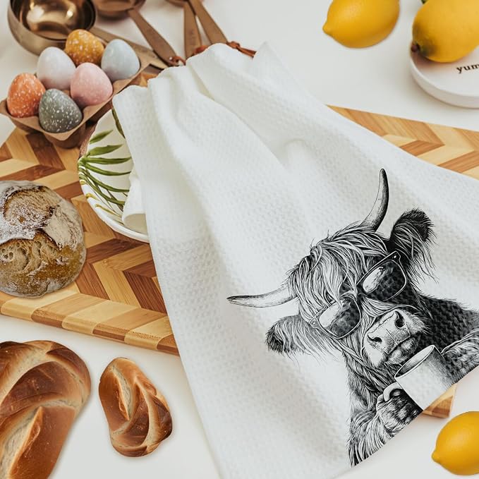 Funny Highland Cow Kitchen Towels Set of 3, Funny Gifts for Wine Beer Coffee Lovers Dish Tea Towels for Kitchen Bar Cart Decor, Highland Cow Gifts Decorative Hand Towels, 16x24 Inch