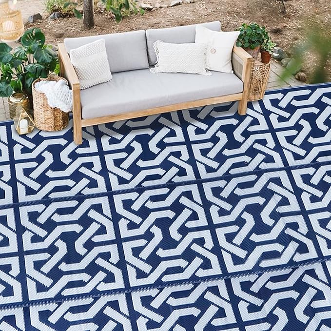 SAND MINE Reversible Mats, Plastic Straw Rug, Modern Area Rug, Large Floor Mat Rug for Outdoors, RV, Patio, Backyard, Deck, Picnic, Beach, Trailer, Camping, Dark Blue & White, 9' x 18'