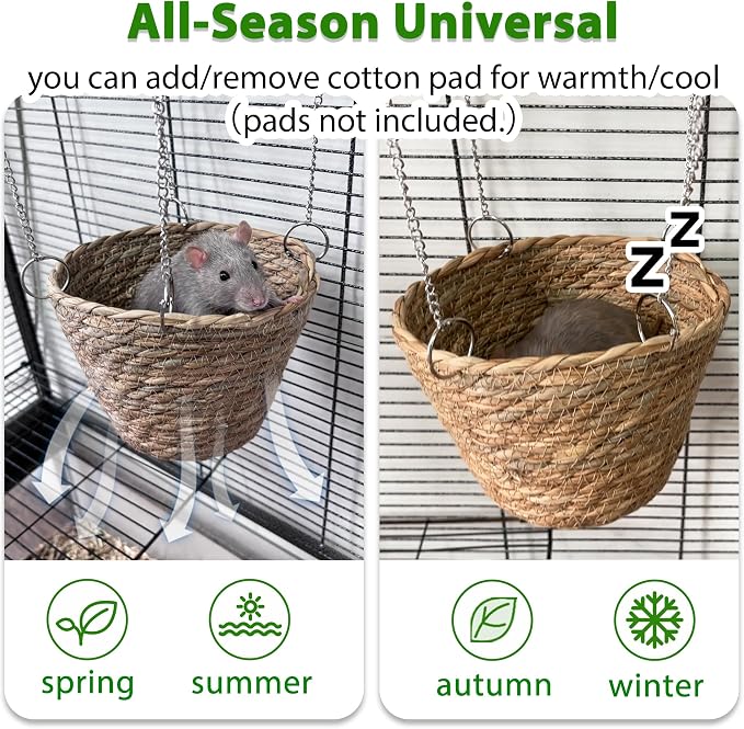Natural Grass Rat Hammock for Cage, Tightly Woven Non-Collapse | Chew Proof Rodent Hammock for 1-2 Rats to Snuggle, Hanging Bowl-Shaped Rats Cage Bed with Sturdy Hooks for Full Protection