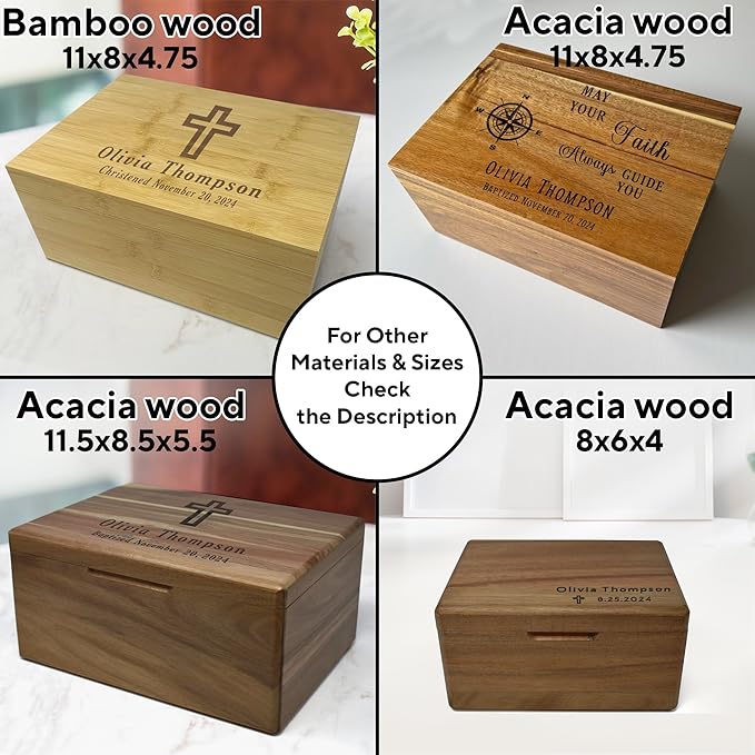 First Communion Personalized Gifts - Custom Engraved In Baptism Keepsake Box, Christening Storage Chest for Baby, Customized Baptism Gift for Girl, Personalized Confirmation Memory Box, 8x6x4 in