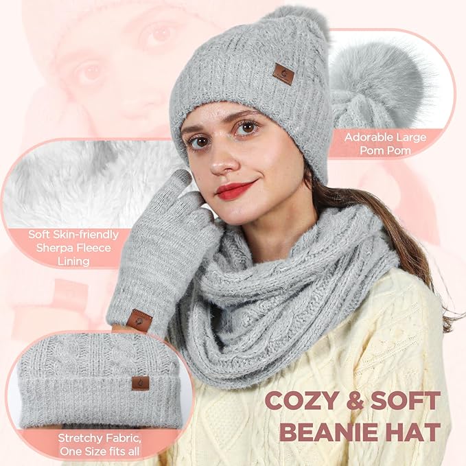 Womens Beanie Hat Infinity Scarf Touchscreen Gloves Fleece Headband 4 in 1 Winter Clothes Set Gifts for Women