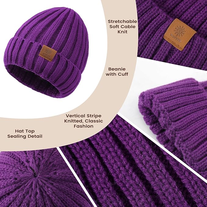 Women Winter Hat Beanie+Long Scarf+Touch Screen Gloves Set, Warm Clothes Set with Knit Fleece Lined for Women/Men Winter