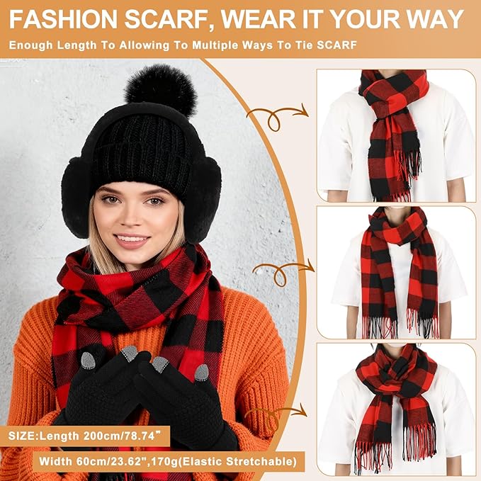 Geyoga 6 Pcs Winter Hat Scarf Gloves Set Knitted Touchscreen Gloves Plaid Scarf Earmuffs Socks Gift for Women Men
