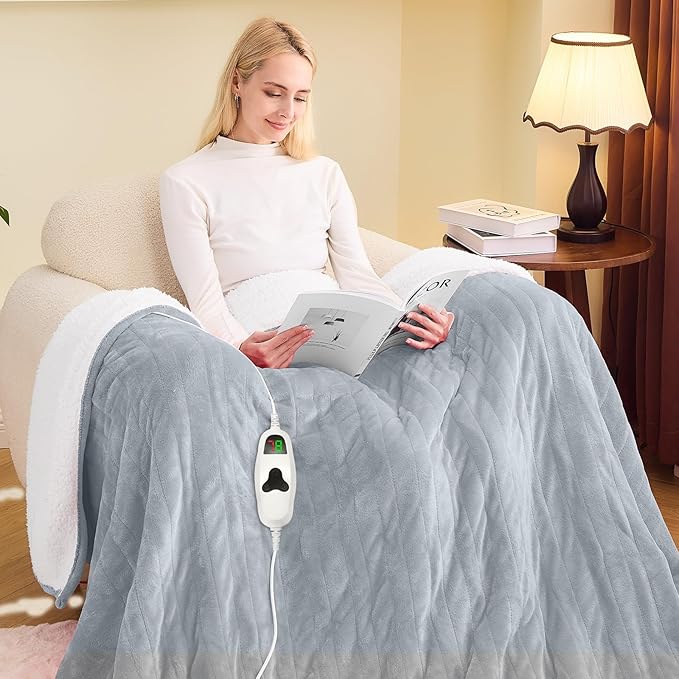 greenoak Heated Blanket Electric Full 72"X84", Heating Blanket with 10 Heat Levels 1/2/4/6/8 Hours Auto-Off, Flannel Sherpa Soft Warm Heater Blanket, Dove Grey