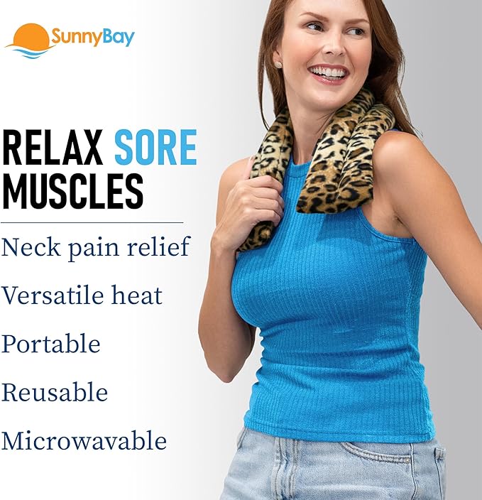 SunnyBay Microwave Heating Pad, Microwavable Heated Neck and Shoulder Wrap, Soothing Weighted Moist Heat or Ice Pack with Flaxseed and Lavender, 26x5 Inches, 2.5 lbs, Leopard