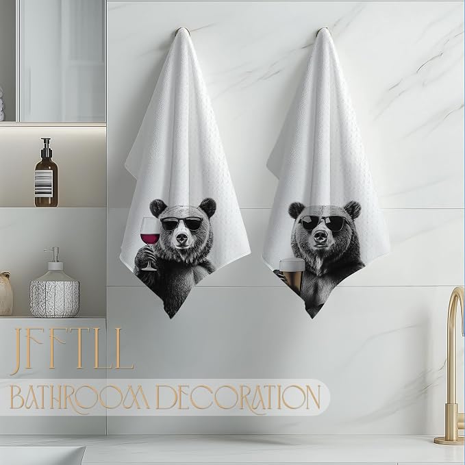 Funny Bear Kitchen Towels Set of 2, Funny Kitchen Decor, Wine Station Wine Bar Decor, Black and White Bear Owner Gift Hand Towel, Dining Room Decorative Tea Towel Dish Towels 16x24 Inch