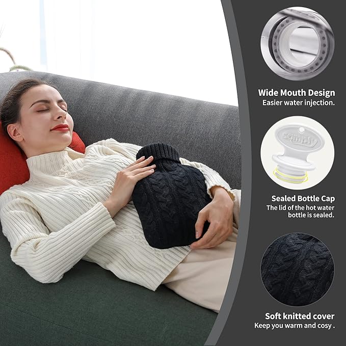 samply Hot Water Bottle with Knitted Cover, 2L Hot Water Bag for Hot and Cold Compress, Hand Feet Warmer, Ideal for Menstrual Cramps, Neck and Shoulder Pain Relief,Black