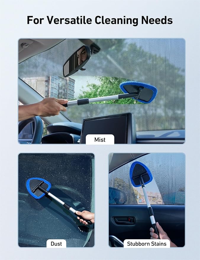 AstroAI Windshield Cleaner Tool, Car Interior Window Detailing Cleaning Kit with Extendable Handle and 4 Easy-to-Install Reusable Microfiber Pads, Auto Glass Wiper Brush Kit for Car&Home, Blue, 21in