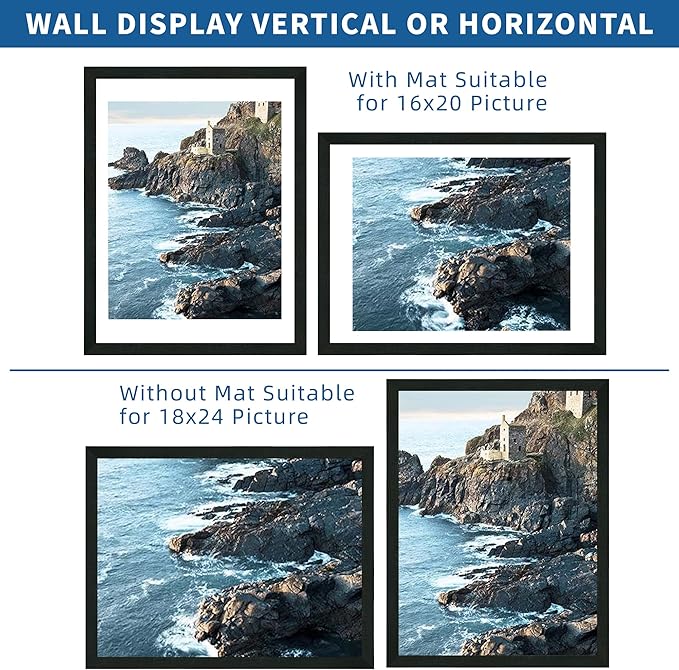 18x24 Frame Set of 2, Rustic Black Wood Style - Display 18 x 24 Poster without Mat or 16x20 Picture with Mat, Wall Mounting Horizontal and Vertical