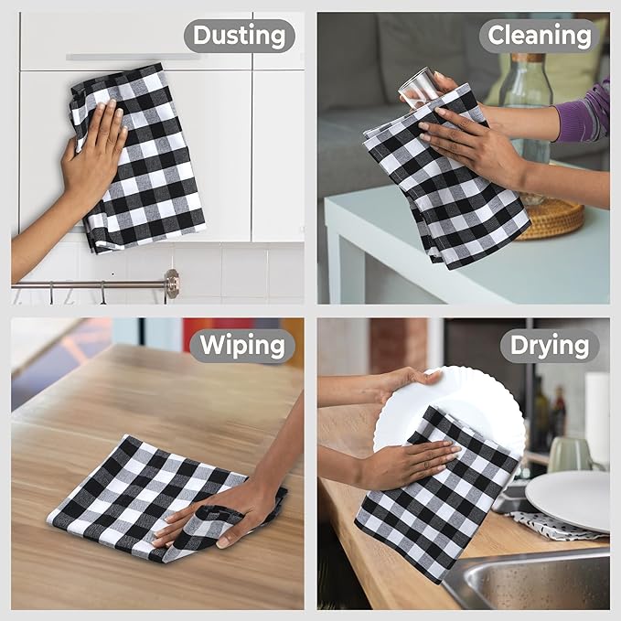 Urban Villa Kitchen Towels Set of 6 Buffalo Checks Black/White Kitchen Towels 20X30 Inches 100% Cotton Highly Absorbent Kitchen Towels Premium Quality Ultra Soft Mitered Corners KitchenTowels