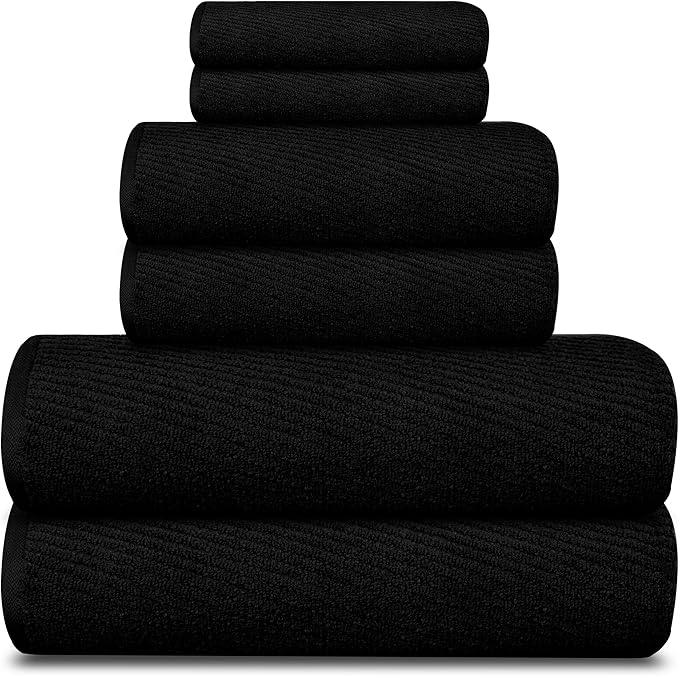 Tens Towels Pack of 6 Zero Twist Towels Set, 2 Bath, 2 Hand, 2 Waschloths, 100% Cotton, Light Weight, Extra Absorbent, Exceptional Softness, Perfect for Bathroom (Black)