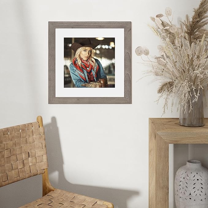 Fun Memories 16x16 Picture Frame, Square Wood Frames With Tempered Glass for Wall - Display Pictures 12x12 With Mat or 16x16 Without Mat, Grey, 1 Pack