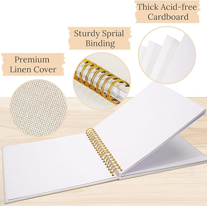 Scrapbook Photo Album Linen Cover, 10 x 10 Inch Hardcover Kraft White Pages Memory Book, for Travel Wedding Guest Book Christmas Baby Shower (20 Sheets/ 40 Pages,Beige)