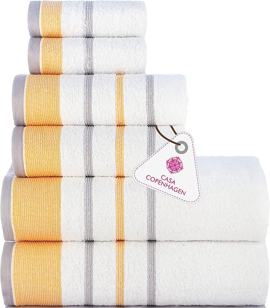 CASA COPENHAGEN White Bay, 6 Pieces Towel Set- White with Gold and Grey Violet Border, 600 GSM, 2Bath, 2Hand, 2Washcloths Egyptian Cotton Towel for Hotel Spa Kitchen Bathroom Kitchen & Shower
