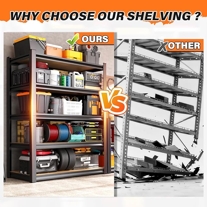 2-Piece Set 46''W Storage Shelves,3000LBS Garage Shelving,Adjustable Garage Shelves,Heavy Duty Metal Shelving, 5 Tier Wood Utility Steel Shelf, Easy-to-Install Shelving Units 2 Pack