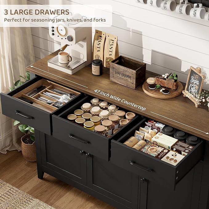 HORSTORS 47" Buffet Cabinet with Storage, Kitchen Buffet Table with Drawers, Modern Farmhouse Coffee Bar Storage Cabinet with Adjustable Shelf, Wood Sideboard for Dining Room, Kitchen, Entryway, Black