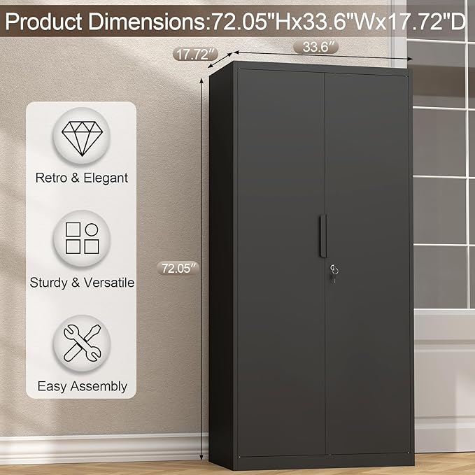 GREATMEET Metal Garage Storage Cabinets, 72" Tall Locking Cabinets with Doors and Shelves, Utility Cabinet with Lock for Garage, Home, Black