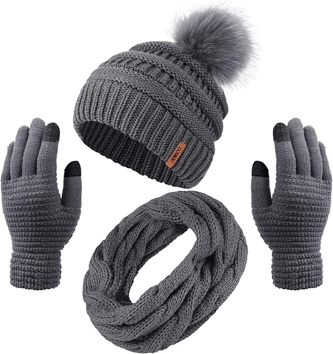 Aneco Womens Winter Warm Sets Knitted Fur Pompoms Beanie Hat Circle Loop Scarf Touch Screen Gloves Winter Favor Accessories