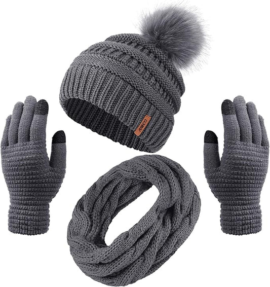 Aneco Womens Winter Warm Sets Knitted Fur Pompoms Beanie Hat Circle Loop Scarf Touch Screen Gloves Winter Favor Accessories