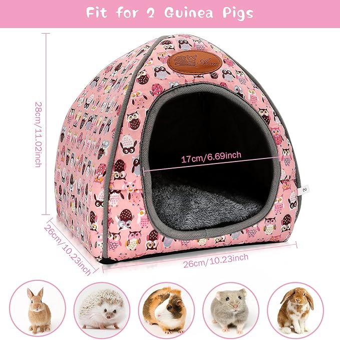 Guinea Pig Bed Hideout, Washable Hamster Cave for Small Animals | Removable Cushion for Cleaning, Warm Fleece Nest, Washable Bed, 10.23 x 10.23 x 11 in, Dwarf Rabbits Hedgehogs
