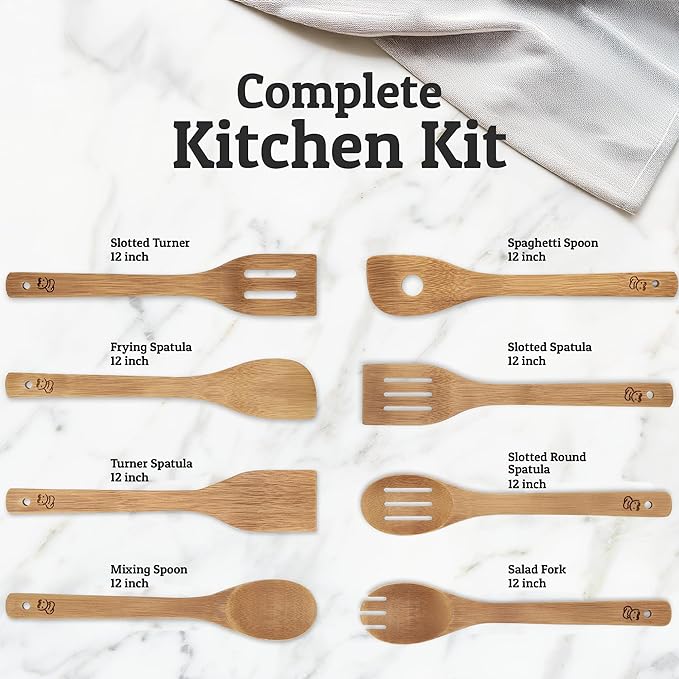 PriorityChef Wooden Spoons for Cooking, 8Pc Non Scratch Bamboo Cooking Utensils, Non-Toxic Wooden Utensil Set, Easy to Clean Kitchen Utensils Set for Everyday Use on All Cookware Types